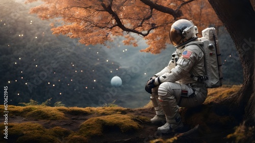 a man in an astronaut suit kneeling down next to a tree. Astronaut setting on tree brunch. space suit strolling down the foggy meadow. Ai ganerated image