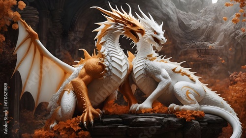 Real chinese dragon. Two white and orange dragon sitting on a rock. dragon statue at the temple. Ai ganerated image © Rahul