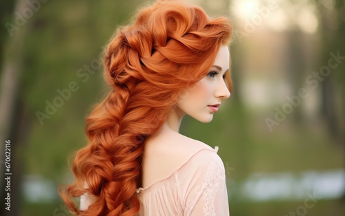 Beautiful young long red headed woman with braids