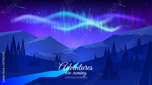 Vector illustration. Flat style landscape. Aurora borealis above mountains. Hills with river and forest. Beautiful starry sky.