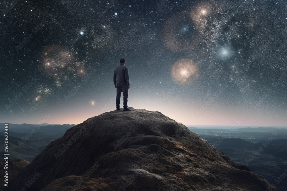 Man standing on top of mountain and looking at galaxy. Mixed media Man standing on top of mountain and looking at galaxy. Mixed media