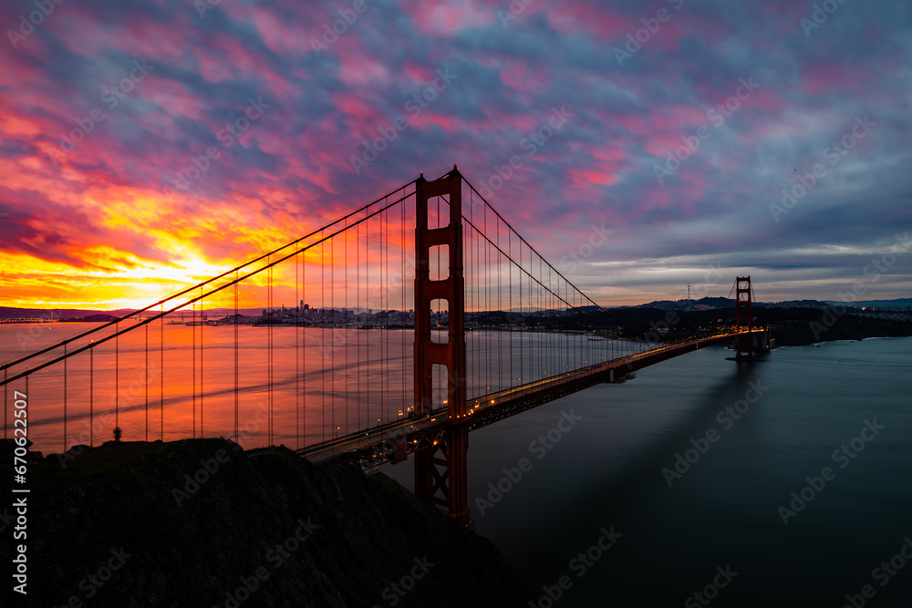 SF Golden Gate Bridge - Colorful Sunrise From Marin Headlands