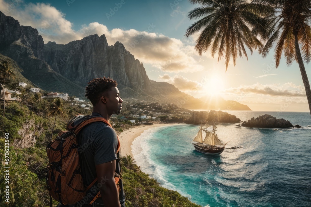 Side view of a beautiful African American man on the background of a paradise island and the sea on the sunset . Palm tree, high rocks and mountains, ship