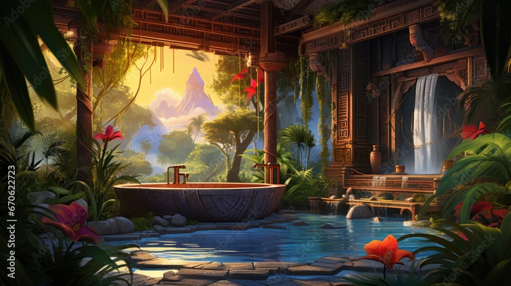 Tropical oasis with wooden architecture, flowing waterfall, and vibrant flora under golden sunlight. Tropical paradise and serenity.