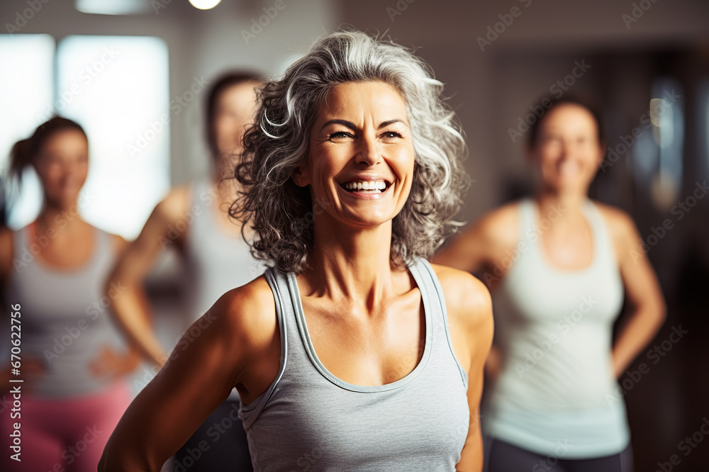 Active Lifestyle Embraced Middle-Aged Woman and Friends Express Their Passion for Sports in a Fitness Studio. created with Generative AI