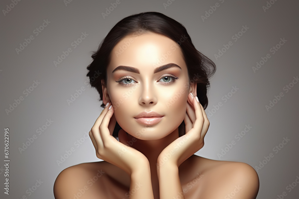 Radiant Beauty and Skin Care Smiling Woman with Healthy Facial Skin and Natural Makeup in Closeup Portrait. created with Generative AI Radiant Beauty and Skin Care Smiling Woman with Healthy Facial Skin and Natural Makeup in Closeup Portrait. created with Generative AI