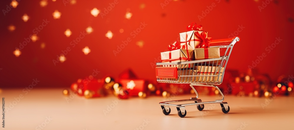 Generative AI, golden shopping cart with many gift boxes on red background with glittered bokeh, Christmas concept, discount and sale.	 - obrazy, fototapety, plakaty 