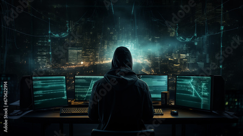hacker in a black hood, face not visible. hacks the database. several screen. dark gloomy atmosphere