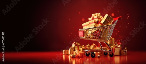Generative AI, golden shopping cart with many gift boxes on red background with glittered bokeh, Christmas concept, discount and sale.	 photo