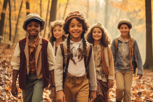 Cheerful multiethnic children group marching along autumn park. Happy smiling boys and girls of different skin colors play and have fun together. Diversity and free communication concept.