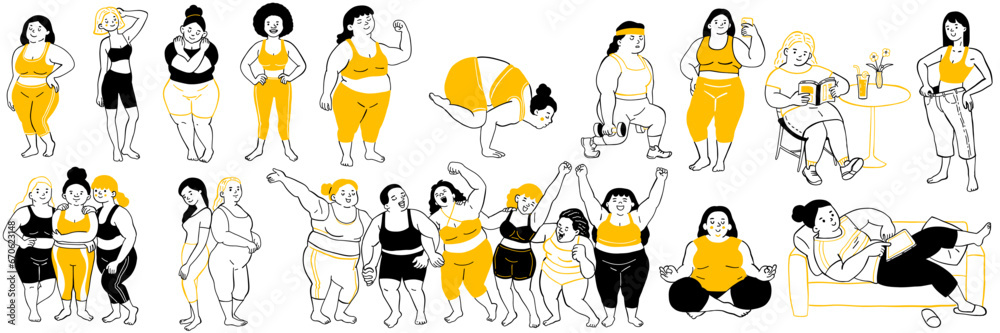Cute vector illustration doodle characters of body positive women, plus size and skinny types. Outline, thin line art, hand drawn sketch design.   - obrazy, fototapety, plakaty 