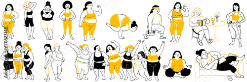 Cute vector illustration doodle characters of body positive women, plus size and skinny types. Outline, thin line art, hand drawn sketch design.  
