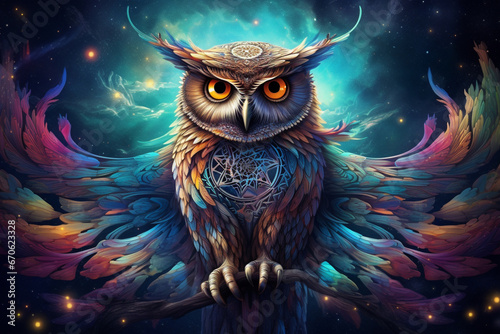 Vibrant color owl illustration. colorful owl fractal galaxy
