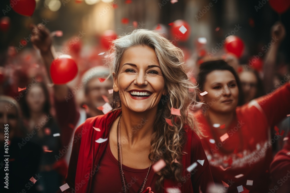 Middle-aged cheerful woman against the backdrop of crowd of people marching along city street with red and white balloons. Poland Independence Day. Patriotic concept with national state symbol. Middle-aged cheerful woman against the backdrop of crowd of people marching along city street with red and white balloons. Poland Independence Day. Patriotic concept with national state symbol.