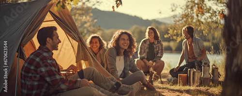 Happy people camping in nature. Company of young people have an adventure in the forest.