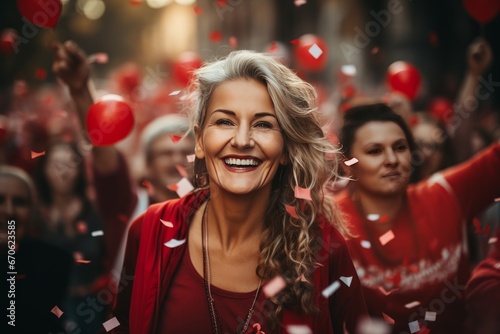Middle-aged cheerful woman against the backdrop of crowd of people marching along city street with red and white balloons. Poland Independence Day. Patriotic concept with national state symbol.