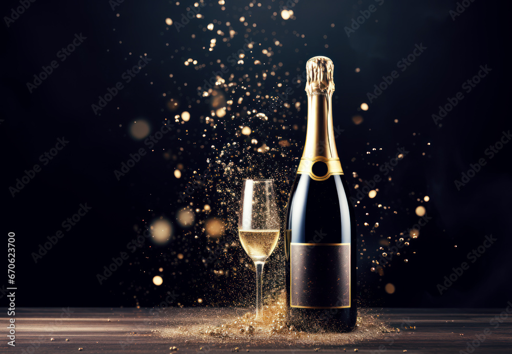 Bottle and glass of champagne with golden glitter a new year party - obrazy, fototapety, plakaty 