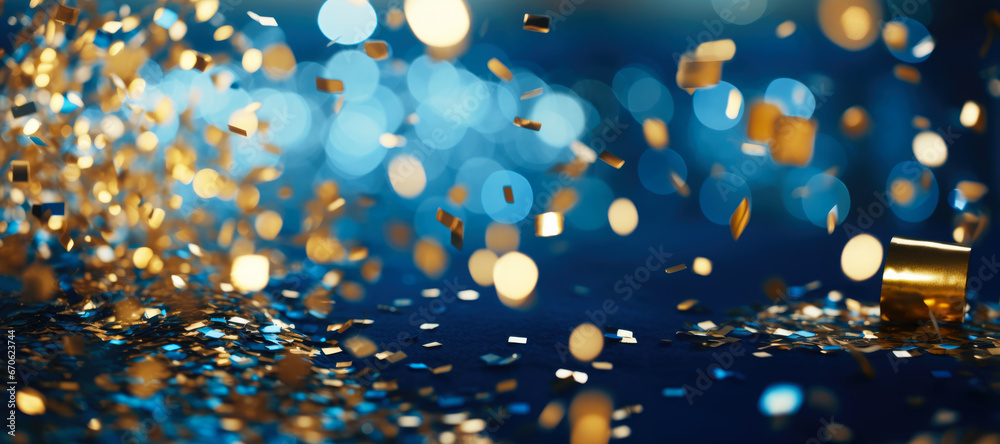 Glittering confetti in gold and blue. Panoramic banner background for the New Year and Christmas