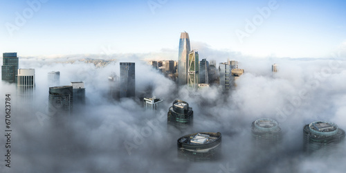 Photography San Francisco Skyline Covered in Thick Fog / Clouds - Panorama