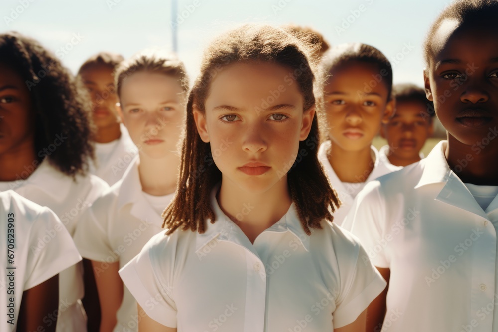Obraz premium Multiethnic group of schoolchildren with their leader looking at camera with an angry and frustrated expression. Kids are upset and intending to stand up for their rights. Diversity and communication.