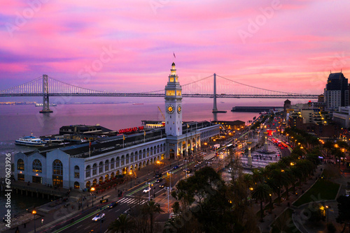 SF Ferry Building During Vibrant Pink Sunrise