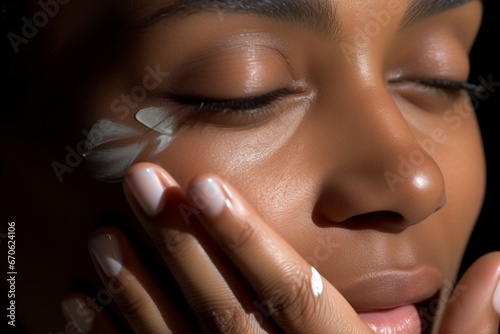 Close-up of middle-aged African American woman touching her face to apply moisturizer. Smiling face of adult colored lady with daily cream  facial cosmetics. Skin care concept. Black background.