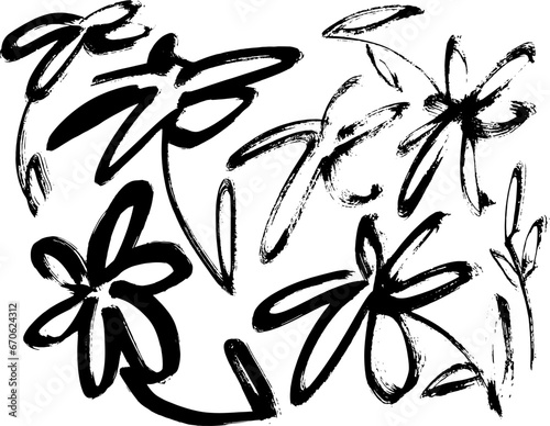 Grunge Dry Brush Flowers Set.