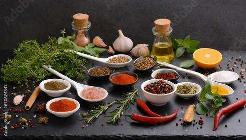 spices and herbs on wooden table