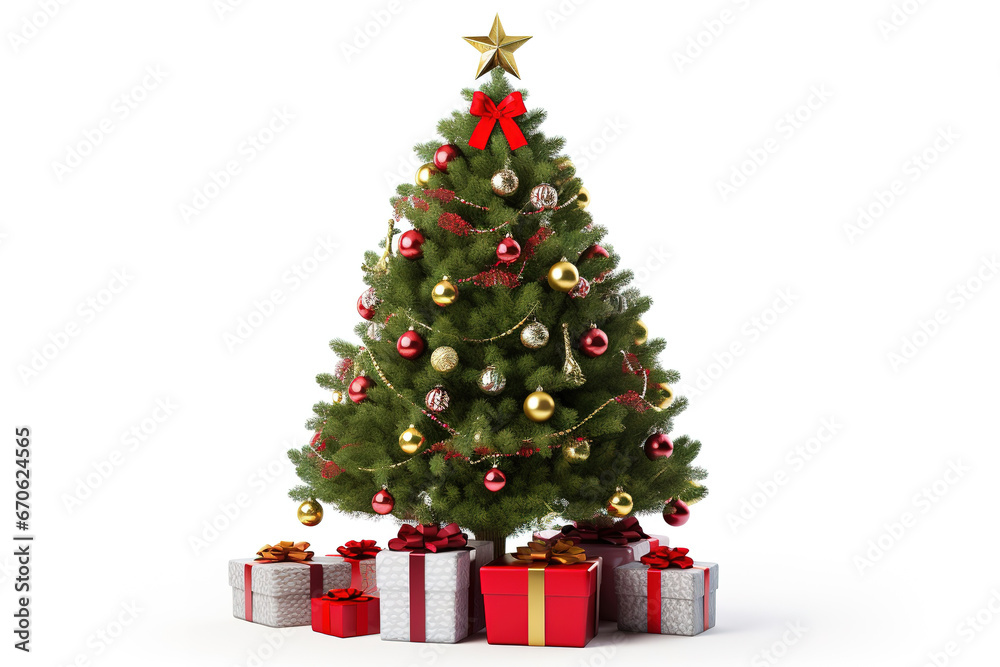 decorated christmas tree with gifts on isolated white background