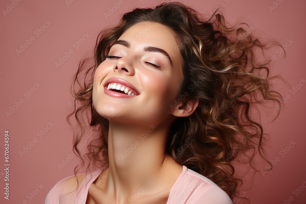 Close-up studio portrait of a beautiful young Caucasian woman. A cheerful girl with a gorgeous hairstyle, a wide charming smile and flawless makeup. Youth and beauty. Isolated on pink background.