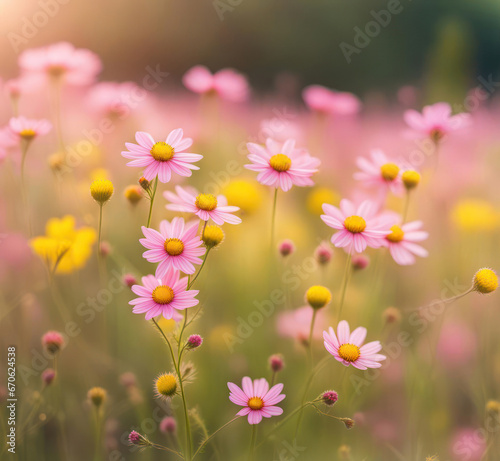 Pink wildflower daisies in a summer meadow © driftwood