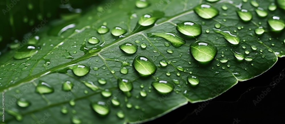 A close up view of a leaf that is green showcasing droplets of water on its surface