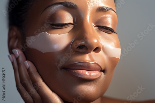 Close-up of middle-aged African American woman touching her face to apply moisturizer. Smiling face of adult colored lady with daily cream  facial cosmetics. Skin care. Grey background.