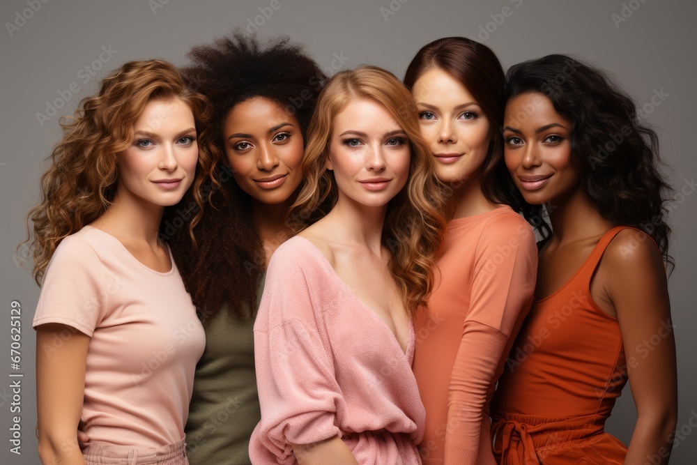 Half-length portrait of five cheerful young diverse multiethnic women. Female friends smiling at camera while posing together. Diversity, beauty, friendship concept. Isolated over grey background. Half-length portrait of five cheerful young diverse multiethnic women. Female friends smiling at camera while posing together. Diversity, beauty, friendship concept. Isolated over grey background.