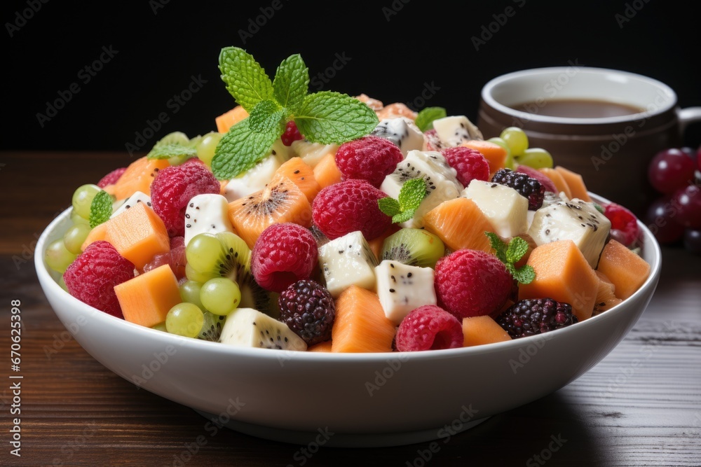 Fruit chaat in a white bowl Fruit chaat in a white bowl
