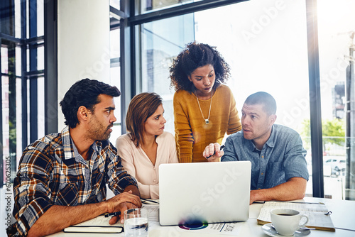 фотографія Laptop, app and teamwork with web designer in meeting, planning and working in development of online marketing