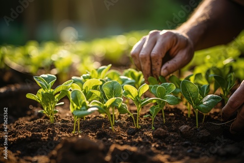 Hands of the farmer are planting the seedlings into the soil