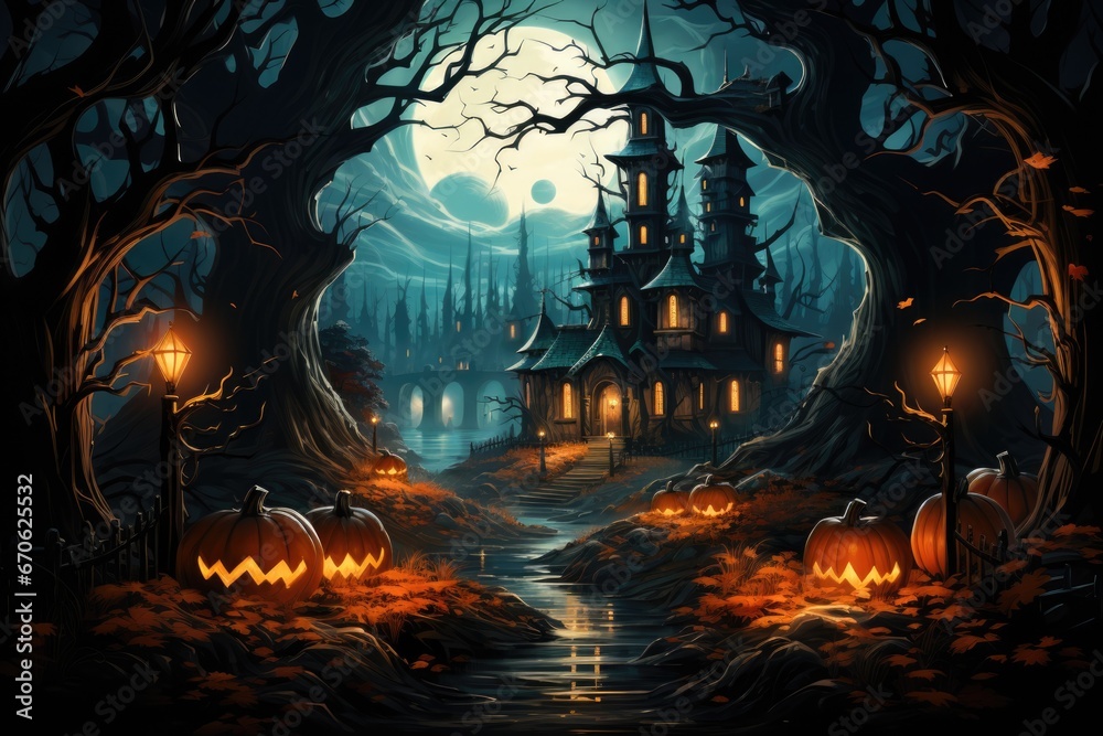 Halloween scene with pumpkins bats and full moon in the background