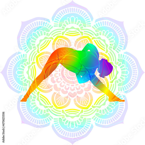 Colorful silhouette of Baddha Trikonasana. Bound Triangle pose. Intermediate Difficulty. Isolated vector illustration on Mandala background.