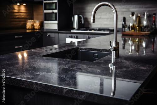 Modern kitchen with dark shiny marble countertop and sink with faucet close-up