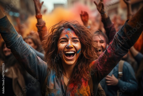 People dance cheering and celebrating on a summer festival holi