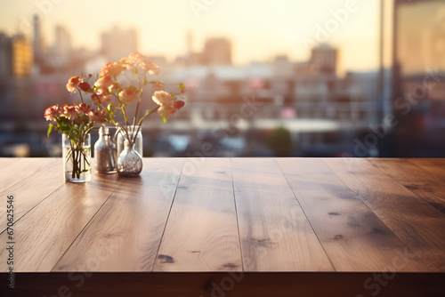 Wooden table with flowers in glass jars and blurred city background through the window with space to place product and text