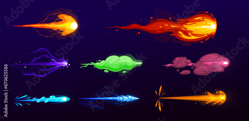 Vector cartoon illustration set of blasters laser or plasmic beams, cosmic shoots, objects for the game sooting, cartoon illustration set, color smoke