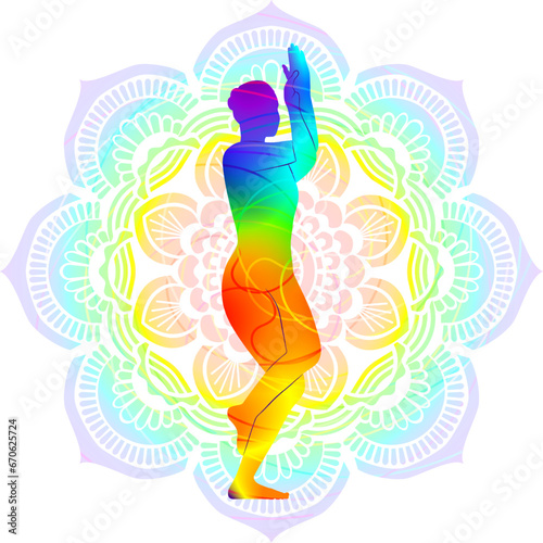 Colorful silhouette of Garudasana. Eagle pose. Intermediate Difficulty. Isolated vector illustration on Mandala background.