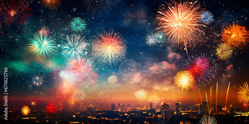Explosive Sky: Colorful Collage of Fireworks and Bokeh Lights