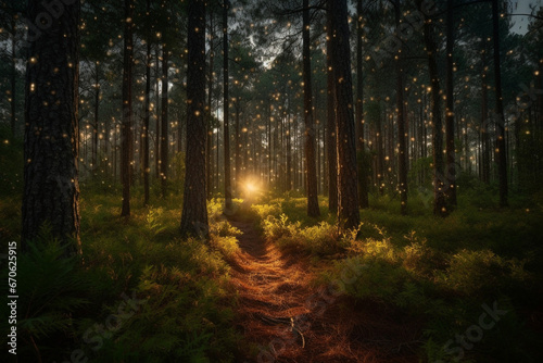 Mysterious forest at night with golden stars and light rays.
