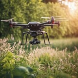 Quadcopter flies around agricultural fields, technology for farmer