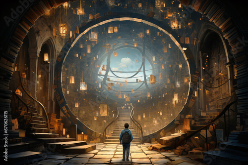 A small boy enters a large wizarding school where pages of magic sheets fly around. digital Ai photo