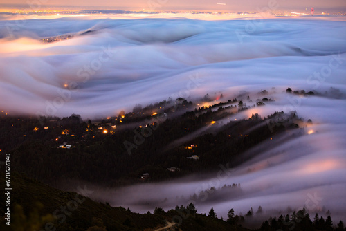 Thick / Dense Fog Rolling Over Homes on Hillside - Marin / SF Bay 