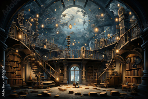 A great hall with a magical library and archive, flying lamps and unsorted letters lying on the floor. digital Ai